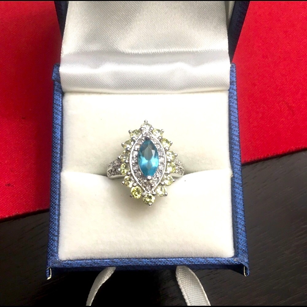 Brass Rhodium Aqua Yellow White CZ Ring